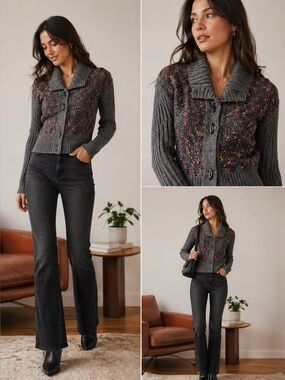 Kersh Gray Multicolor Knit Cardigan Sweater Toggle Button Cozy Cottagecore